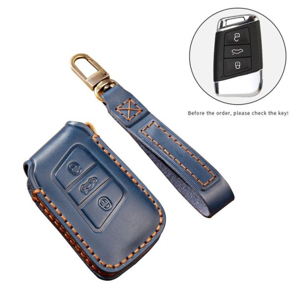 Hallmo Car Cowhide Leather Key Protective Cover Key Case for Volkswagen Lavida A Style (Black) - Image 3