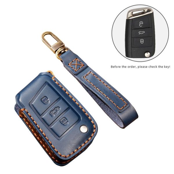 Hallmo Car Cowhide Leather Key Protective Cover Key Case for Volkswagen Lavida B Style (Blue) - Image 3