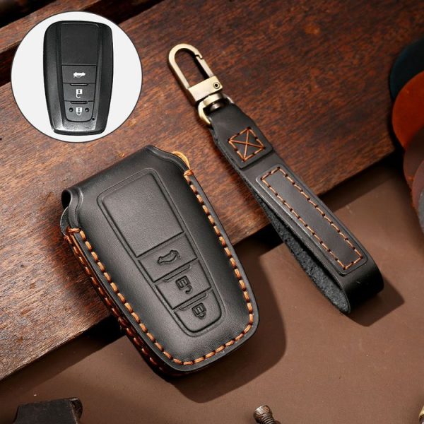 Hallmo Car Cowhide Leather Key Protective Cover Key Case for Toyota Corolla 2018 3-button (Black)