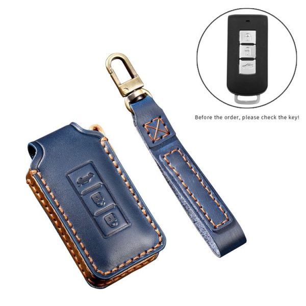 Hallmo Car Cowhide Leather Key Protective Cover Key Case for Mitsubishi Outlander (Blue) - Image 3