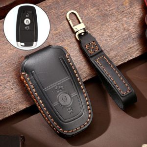 Hallmo Car Cowhide Leather Key Protective Cover Key Case for Ford Focus B Style (Black)