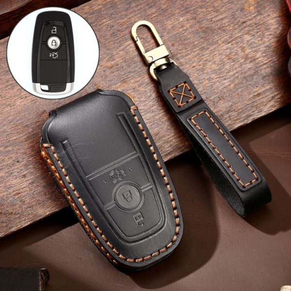 Hallmo Car Cowhide Leather Key Protective Cover Key Case for Ford Focus B Style (Black)