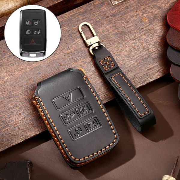 Hallmo Car Cowhide Leather Key Protective Cover Key Case for Land Rover Discovery 5 B Style (Black)