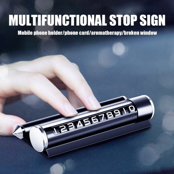 Multifunctional Metal Safety Hammer Hidden Rotatable Phone Temporary Parking Number Card Plate with Phone Holder & Aromatherapy Function (Black) - Image 4