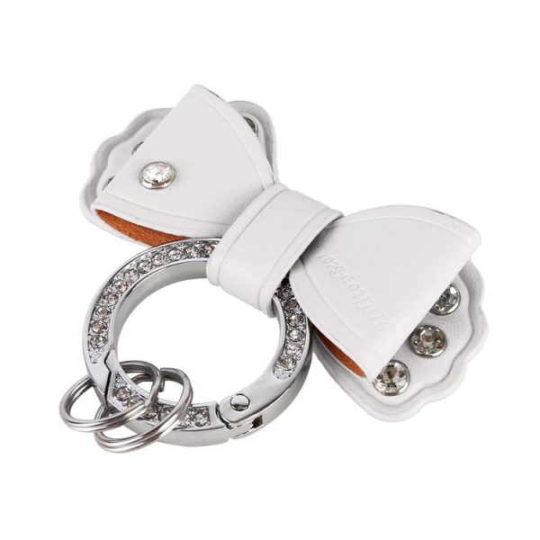 Bow Knot Shape Metal + Leather + Diamond Car Keychain (White) - Image 2