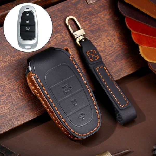 Hallmo Car Cowhide Leather Key Protective Cover Key Case for Hyundai 3-button (Black)