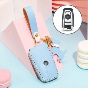 Hallmo Car Female Style Cowhide Leather Key Protective Cover for BMW, A Type (Sky Blue)
