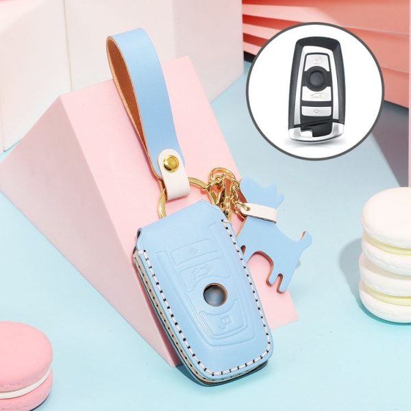 Hallmo Car Female Style Cowhide Leather Key Protective Cover for BMW, A Type (Sky Blue)