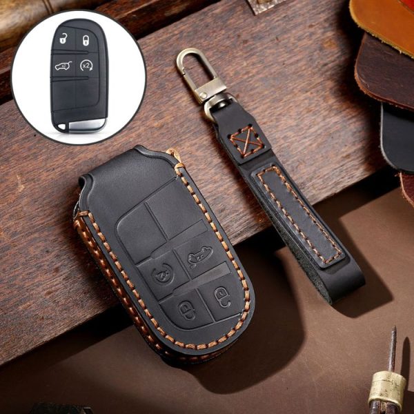 Hallmo Car Genuine Leather Key Protective Cover for Jeep Compass 4-button (Black)