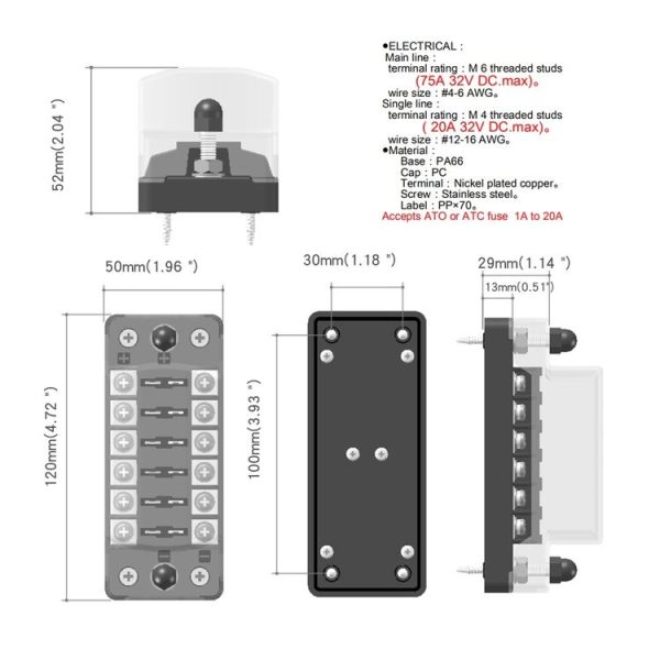 ZH-978A1 FB1901 1 In 6 Out 6 Ways Independent Positive Negative Fuse Box with 12 Fuses for Auto Car Truck Boat - Image 9