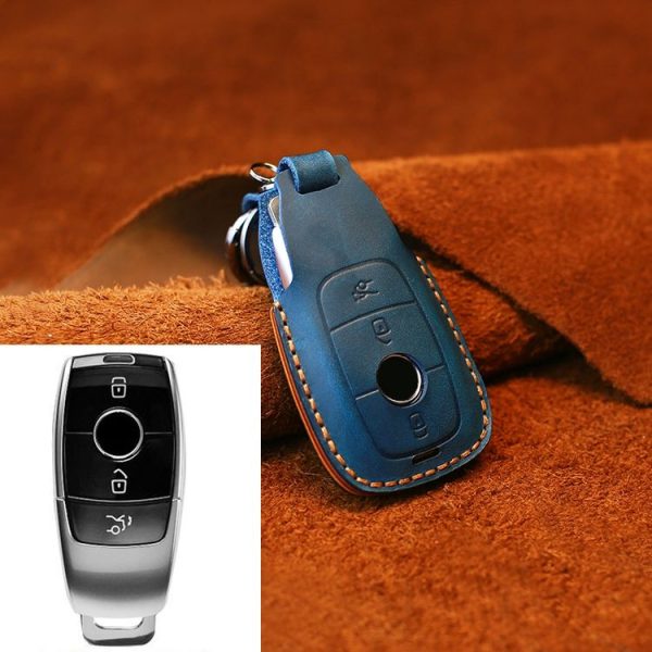 Mercedes-Benz Colorful Edge Style Car Cowhide Leather Key Protective Cover Key Case (Blue)