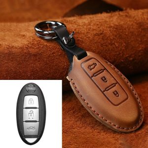 Nissan Car Cowhide Leather Key Protective Cover Key Case, Three Keys Tailgate Version (Brown)