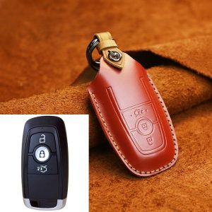 Ford Car Cowhide Leather Key Protective Cover Key Case, Three Keys Version (Red)