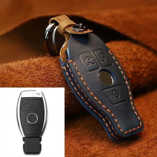 Mercedes-Benz Old Style Car Cowhide Leather Key Protective Cover Key Case (Blue)