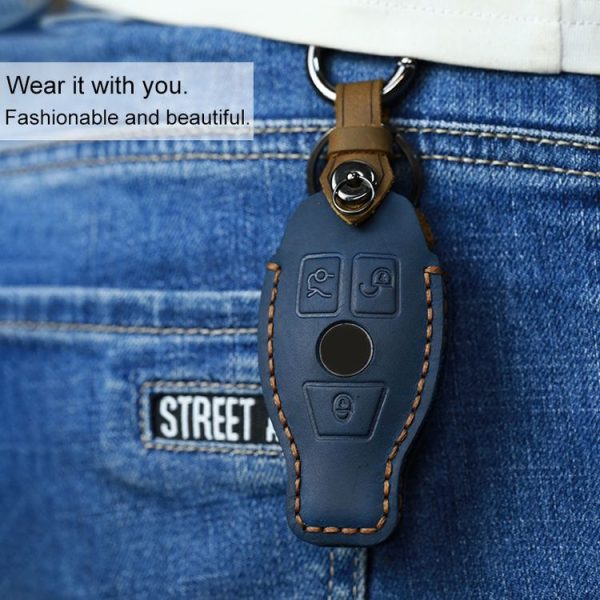 Mercedes-Benz Old Style Car Cowhide Leather Key Protective Cover Key Case (Blue) - Image 6