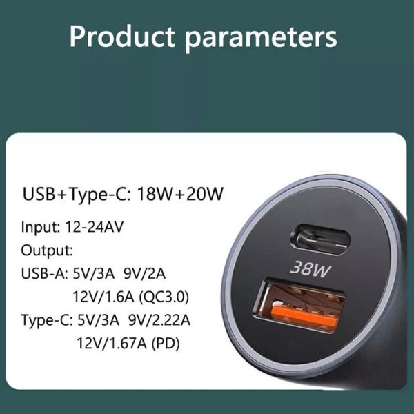 PD 20W Aluminum Alloy Dual Interface Car Fast Charger (Grey) - Image 3