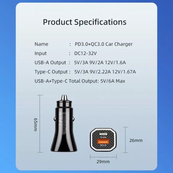 PD + QC3.0 Car 2 in 1 Square Fast Charger Car Cigarette Lighter (Black) - Image 3