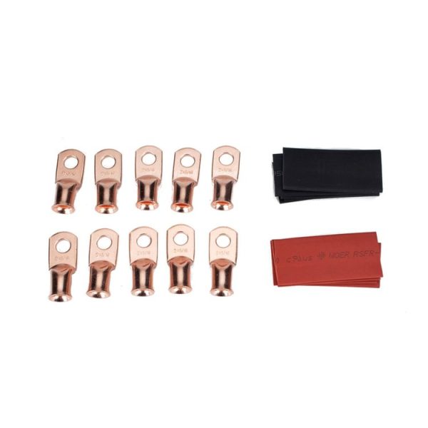 10 PCS AWG T2 Copper Heavy-duty Cold-pressed Wire Terminals 2 x 5 / 16 with Heat Shrinkable Tube