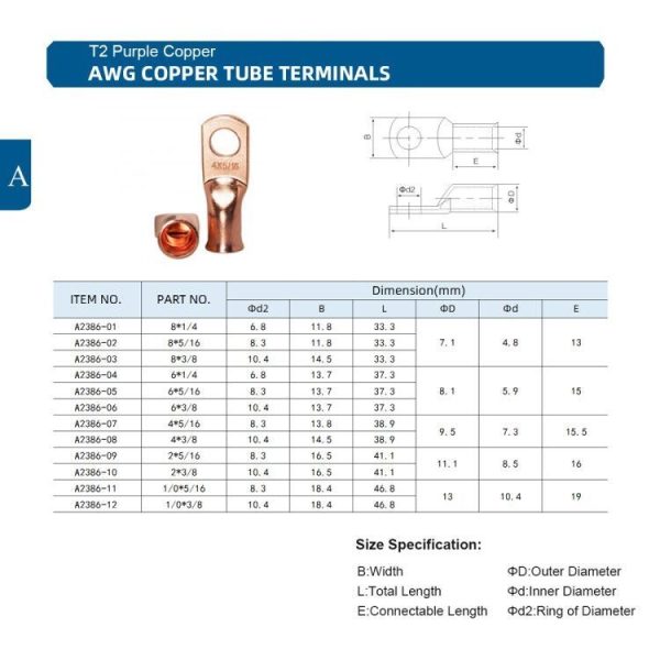 10 PCS AWG T2 Copper Heavy-duty Cold-pressed Wire Terminals 2 x 5 / 16 with Heat Shrinkable Tube - Image 5