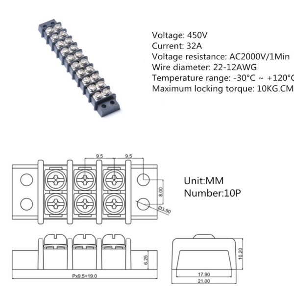 10 Position 450V 32A Double Row Terminal Block Screw Terminal Block - Image 4