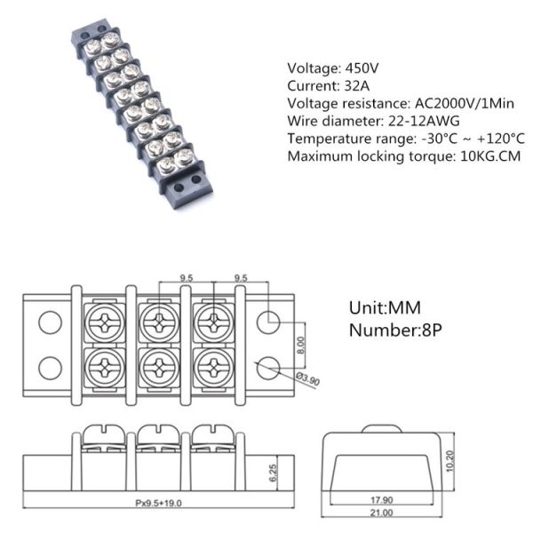 8 Position 450V 32A Double Row Terminal Block Screw Terminal Block - Image 4