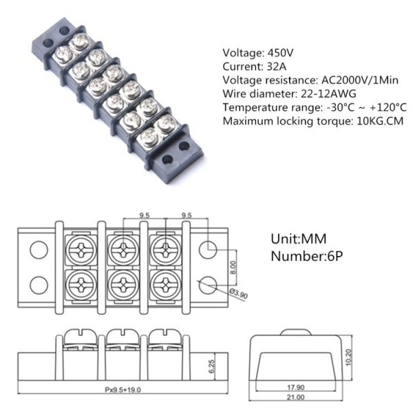6 Position 450V 32A Double Row Terminal Block Screw Terminal Block - Image 4