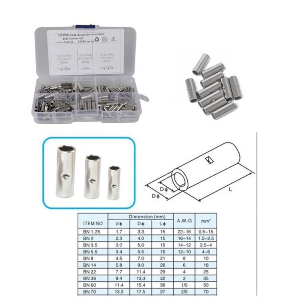 200 PCS Car / Boat AWG Gauge Non-Insulated Butt Connectors Ferrule Cable Crimp Terminal Kit - Image 4