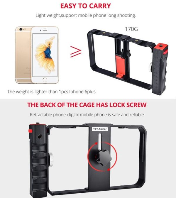YELANGU YLG0901B Vlogging Live Broadcast Smartphone Plastic Cage Video Rig Filmmaking Recording Handle Stabilizer Bracket for iPhone, Galaxy, Huawei, Xiaomi, HTC, LG, Google, and Other Smartphones (Black) - Image 14