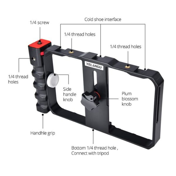 YELANGU YLG0901B Vlogging Live Broadcast Smartphone Plastic Cage Video Rig Filmmaking Recording Handle Stabilizer Bracket for iPhone, Galaxy, Huawei, Xiaomi, HTC, LG, Google, and Other Smartphones (Black) - Image 16