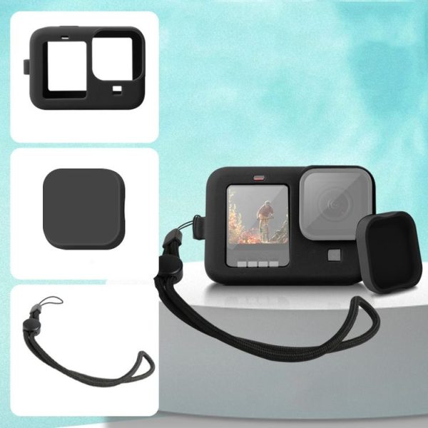GoPro HERO10 Black / HERO9 Black Silicone Protective Case Cover with Wrist Strap & Lens Cover (Black)