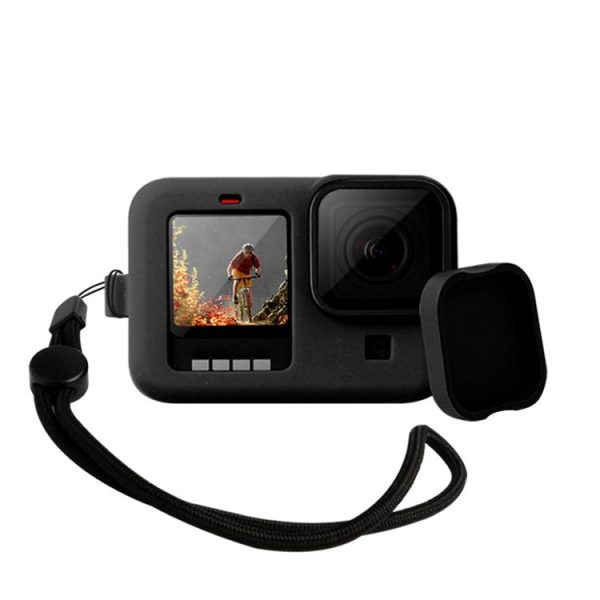 GoPro HERO10 Black / HERO9 Black Silicone Protective Case Cover with Wrist Strap & Lens Cover (Black) - Image 2