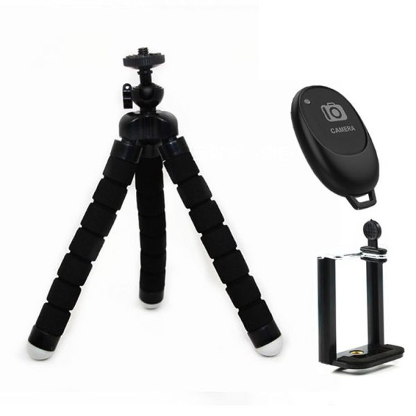Mini Octopus Flexible Foam Tripod Holder with Phone Clamp & Remote Control (Black)