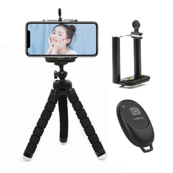 Mini Octopus Flexible Foam Tripod Holder with Phone Clamp & Remote Control (Black) - Image 3