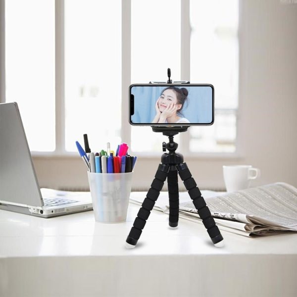 Mini Octopus Flexible Foam Tripod Holder with Phone Clamp & Remote Control (Black) - Image 8