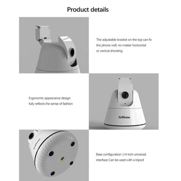 SriHome SH006 360 Degree Rotation Panoramic Head Bluetooth Auto Face Tracking Object Tracking Holder with Phone Clamp for Smartphones, GoPro, DSLR Cameras (White) - Image 13
