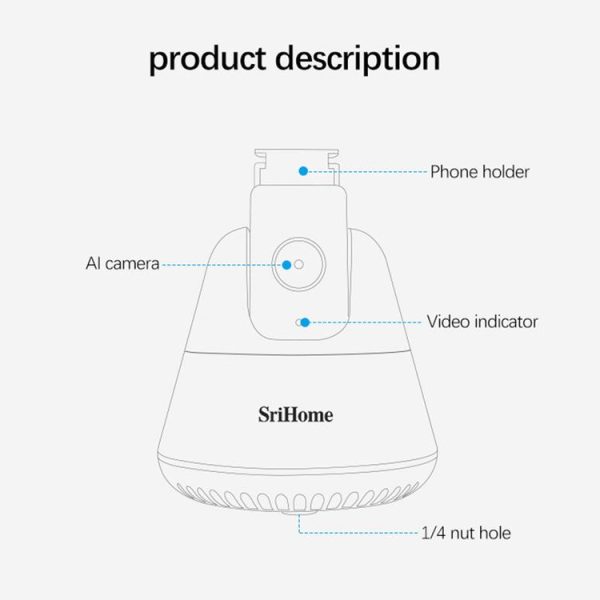 SriHome SH006 360 Degree Rotation Panoramic Head Bluetooth Auto Face Tracking Object Tracking Holder with Phone Clamp for Smartphones, GoPro, DSLR Cameras (White) - Image 14