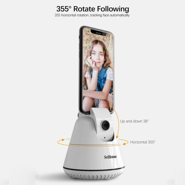 SriHome SH006 360 Degree Rotation Panoramic Head Bluetooth Auto Face Tracking Object Tracking Holder with Phone Clamp for Smartphones, GoPro, DSLR Cameras (White) - Image 4