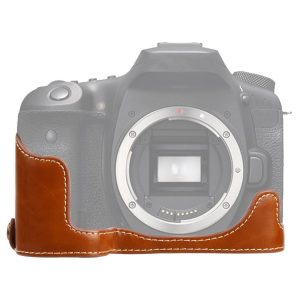 1 / 4 inch Thread PU Leather Camera Half Case Base for Canon EOS 90D (Brown)