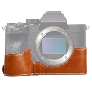 1 / 4 inch Thread PU Leather Camera Half Case Base for Sony ILCE-7RM4 / A7RM4 / A7R IV (Brown)