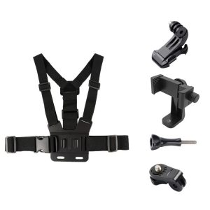 Adjustable Body Mount Belt Chest Strap with Phone Clamp & S-type Adapter & J Hook Mount & Long Screw for GoPro, Insta360, DJI and Other Action Cameras, Smartphones (Black)