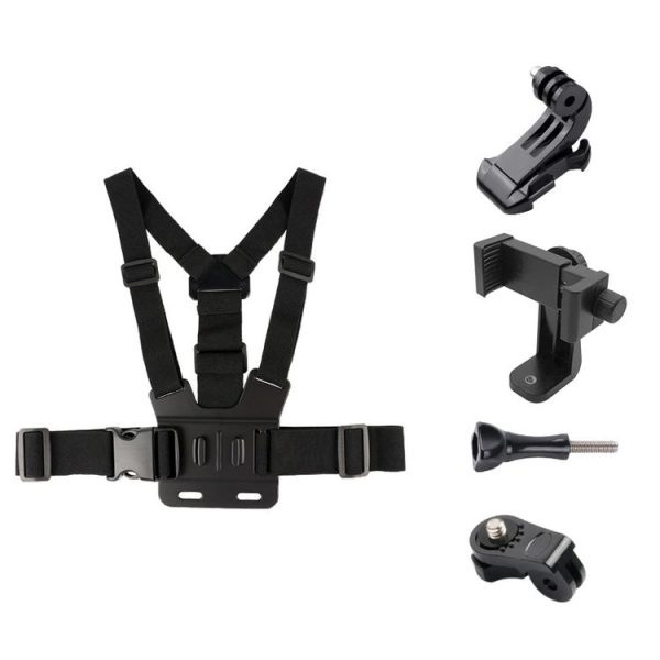 Adjustable Body Mount Belt Chest Strap with Phone Clamp & S-type Adapter & J Hook Mount & Long Screw for GoPro, Insta360, DJI and Other Action Cameras, Smartphones (Black)