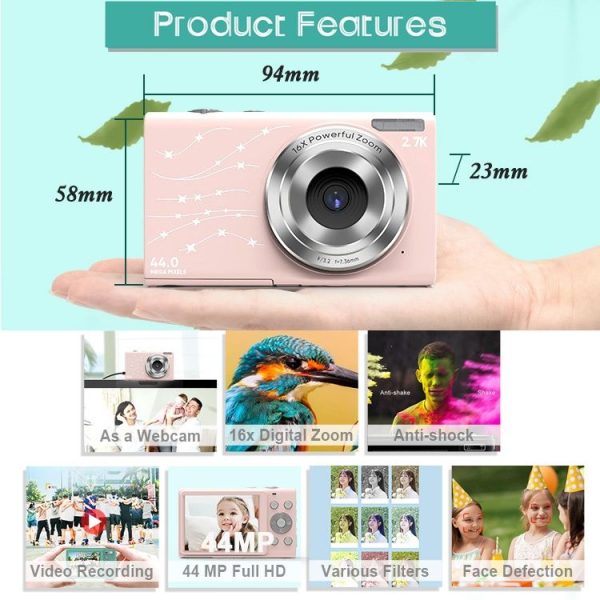 DC402 2.4 inch 44MP 16X Zoom 1080P Full HD Digital Camera Children Card Camera, EU Plug (Pink) - Image 3
