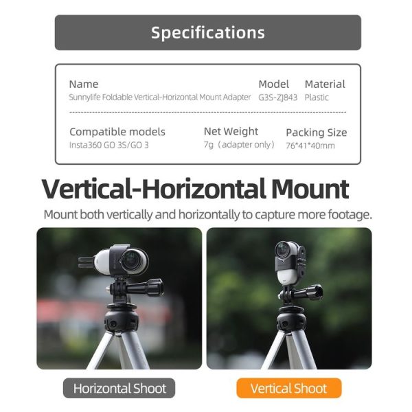 Insta360 GO 3S / GO 3 Sunnylife Foldable Vertical-Horizontal Mount Adapter Protective Frame Brackets Housing Case (Black) - Image 3