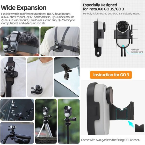 Insta360 GO 3S / GO 3 Sunnylife Foldable Vertical-Horizontal Mount Adapter Protective Frame Brackets Housing Case (Black) - Image 6