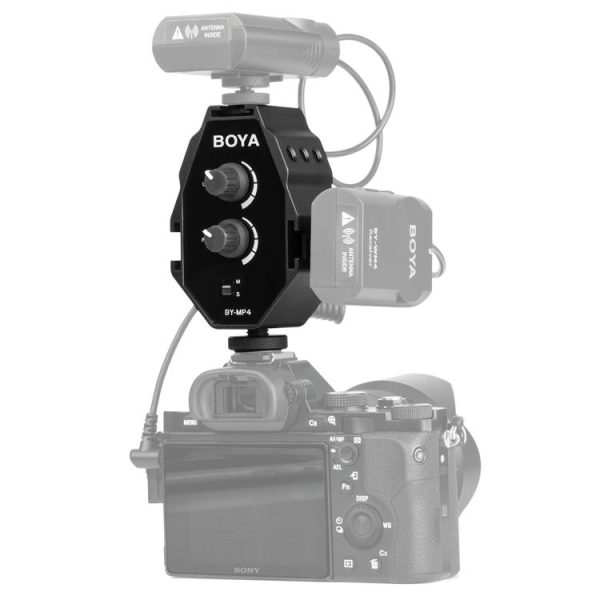 BOYA BY-MP4 2-channel Audio Adapter with Mono & Stereo Switch Dual Mic Mounting for DSLR Cameras, Camcorders, Smartphones (Black)