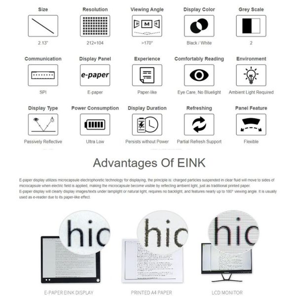 Waveshare 2.13 inch 212 x 104 Pixel Black / White Flexible E-Paper E-Ink Display Module for Raspberry Pi Pico, SPI Interface - Image 5
