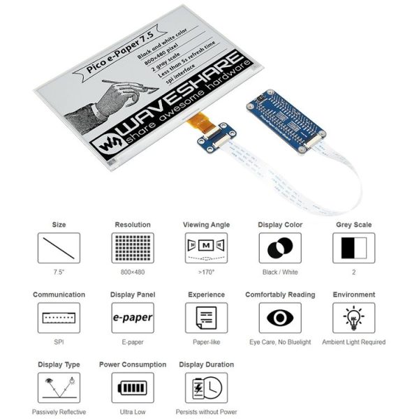 Waveshare 7.5 inch 800x480 pixel Black White E-Paper E-Ink Display Module for Raspberry Pi Pico, SPI Interface - Image 4