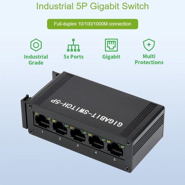 Waveshare Industrial 5P Gigabit Ethernet Switch, Full-Duplex 10 / 100 / 1000M, DIN Rail Mount - Image 2
