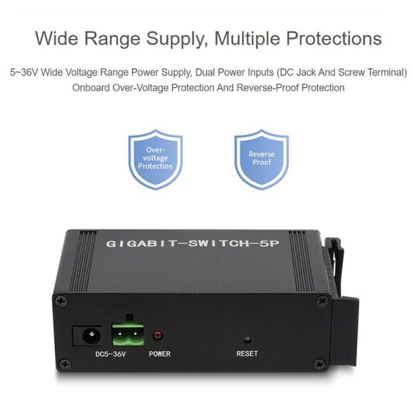 Waveshare Industrial 5P Gigabit Ethernet Switch, Full-Duplex 10 / 100 / 1000M, DIN Rail Mount - Image 4