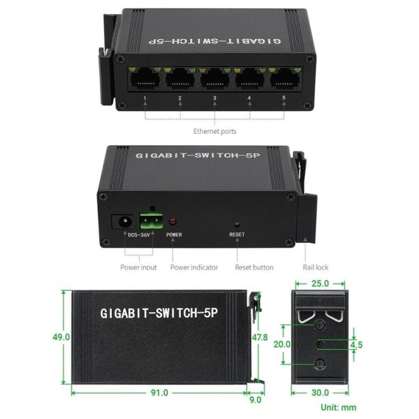 Waveshare Industrial 5P Gigabit Ethernet Switch, Full-Duplex 10 / 100 / 1000M, DIN Rail Mount - Image 7